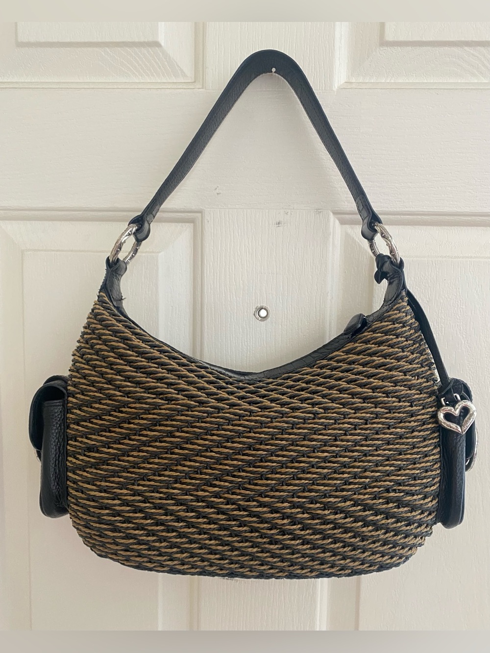 Vintage Brighton Woven Straw Shoulder Hobo Handbag Purse Tan Black Side Pockets